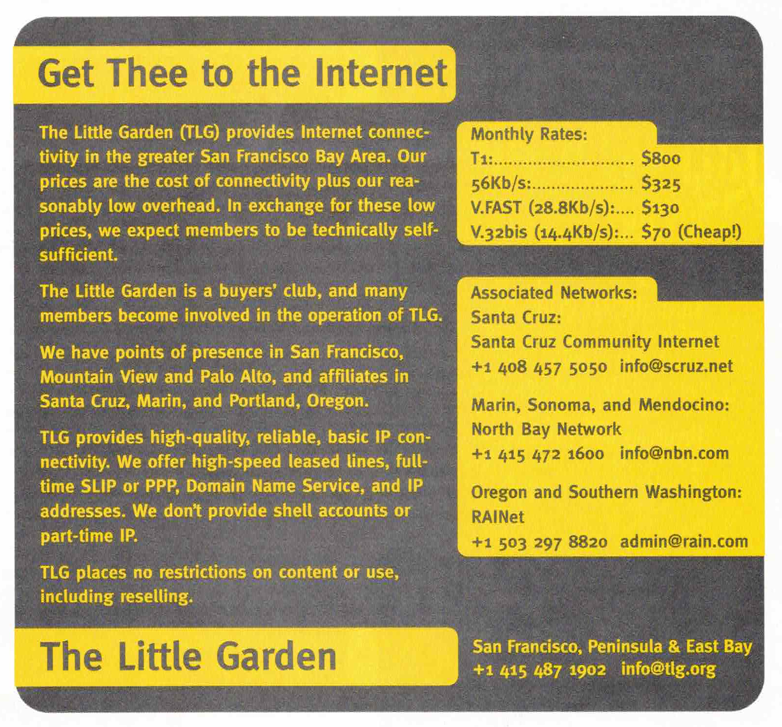 Advertisement for Internet Service Provider "The Little Garden", scanned from the August 1994 issue of WIRED magazine.